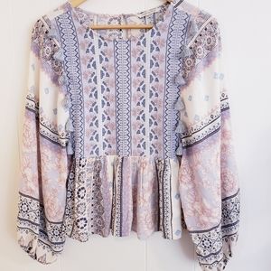 American Eagle Women Top Size XS Floral White Blue Peasant Boho Balloon Sleeve